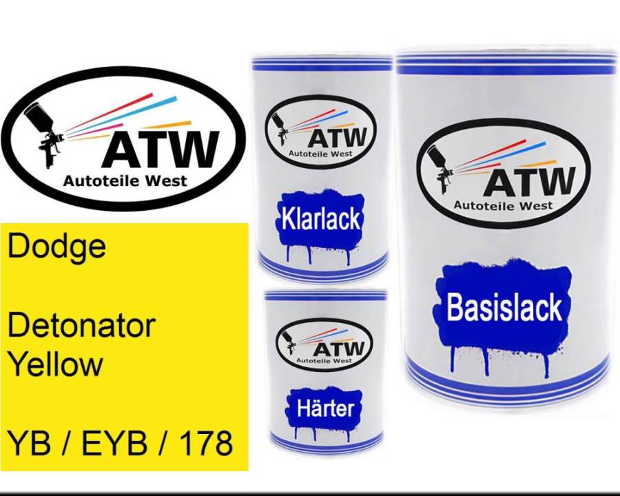 Dodge, Detonator Yellow, YB / EYB / 178: 500ml Lackdose + 500ml Klarlack + 250ml Härter - Set, von ATW Autoteile West.